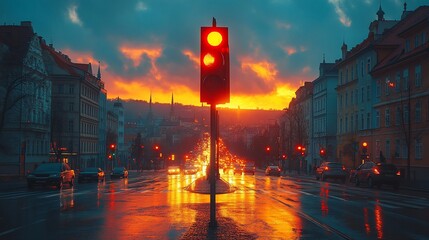 Naklejka premium A traffic light stands alone in the middle of a city street at sunset. 