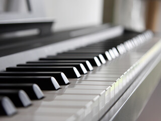 Keyboard and piano keys with focus on white keys in a perspective image with a blurred background....
