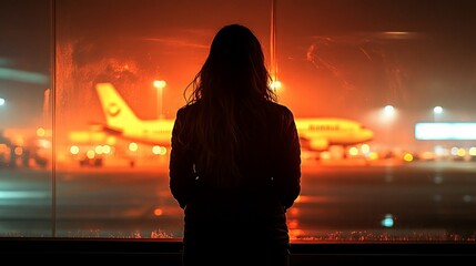 A woman in silhouette stands by a window at an airport, looking out at an airplane parked on the tarmac.