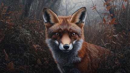 Fototapeta premium Red fox in forest, eyes fixed on camera