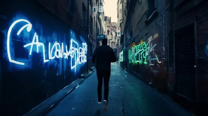 A man runs down a narrow alley - Powered by Adobe