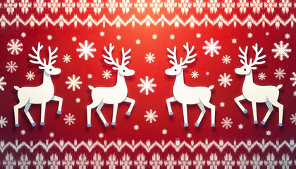 Fototapeta premium Paper cut-style white reindeer on a festive red background with snowflakes in a cheerful arrangement with copy space. 