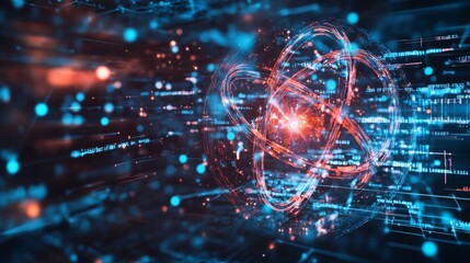 Obraz premium Futuristic tech graphic showing atom structure mixed with electronic patterns. 