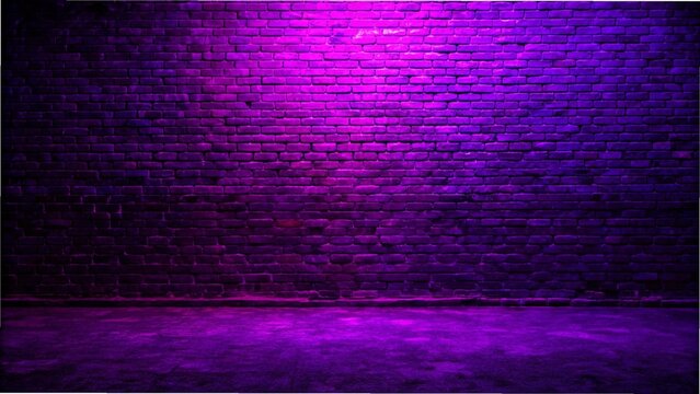 A dark brick wall illuminated by neon purple lights, showcasing a rough concrete floor and a vibrant lighting effect.