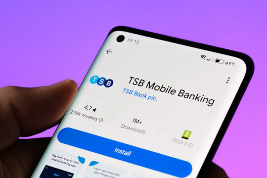 TSB Mobile Banking app installation screen displayed on a smartphone with a purple background. The app offers a secure mobile banking experience. Stafford, United Kingdom, October 8, 2024..