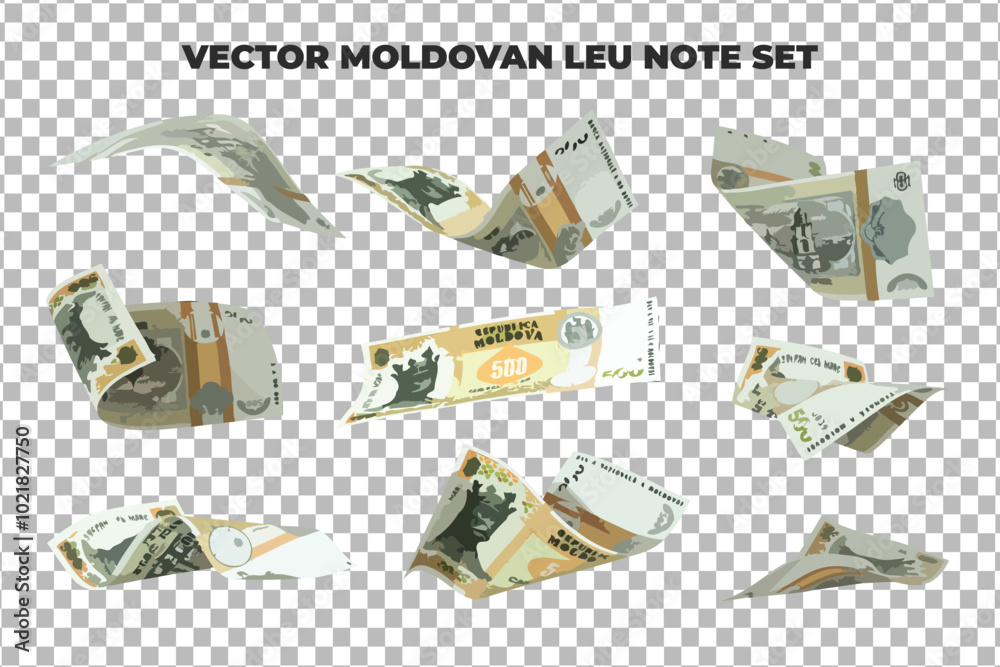 Aufkleber Vector illustration of set of 1000 Moldovan Leu notes flying in different angles and orientations. Currency note design in Scalable eps format