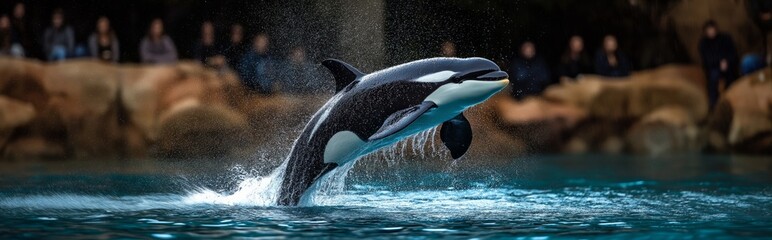Obraz premium An orca leaps out of the water in front of rocky surroundings, splashing as it moves through the air