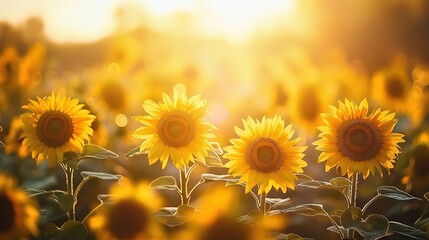Obraz premium A sunflower field bathed in sunlight through the leaves and directly overhead