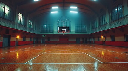 An empty basketball court in a vintage gym with hardwood floors, a hoop, and white lines, with the only light coming from the bright ceiling lights and the large windows.