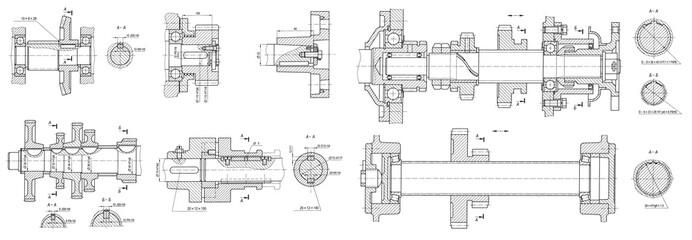 Naklejka premium Set of machine parts. Shaft of transmission with thread and bearing. Engineering mechanical drawing of steel device with dimension lines. Industrial cad scheme on white paper sheet. Machined template