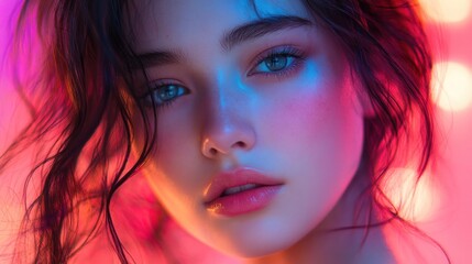 A close-up portrait of a young woman with blue eyes and pink lips, illuminated by colorful lights.