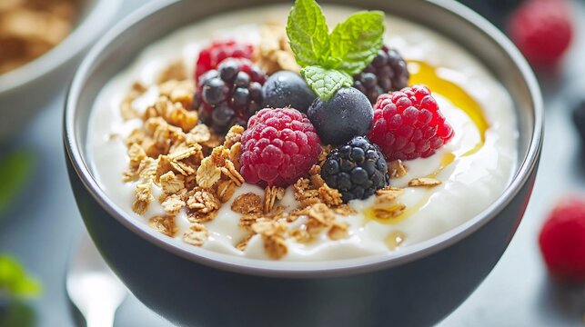 A bowl of Greek yogurt topped with granola, honey, and fresh berries
