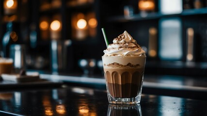 Aesthetic preparation of tiramisu frappe on a black themed kitchen. bokeh style.
