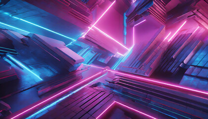 Futuristic neon-lit landscape with geometric shapes and vibrant colors at night