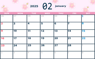 2025年2月の月間カレンダー