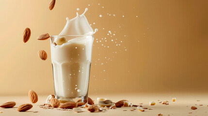Almond milk flows powerfully from a glass, creating a splash as it interacts with scattered almonds on a smooth surface, highlighting its creamy texture