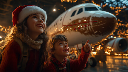 group of cheerful children at the airport pointing to an airplane for holiday tourism trip travel adventures during christmas