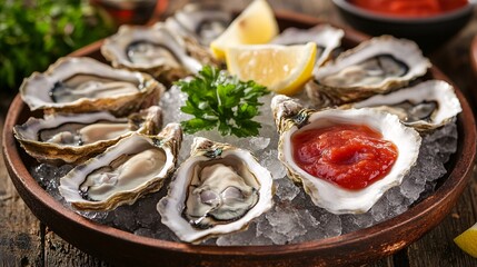A platter of fresh oysters served on ice with lemon wedges and cocktail sauce