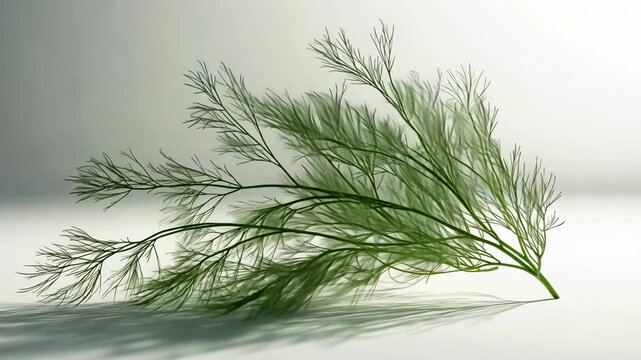 A delicate sprig of dill rests on a white surface, casting a long shadow