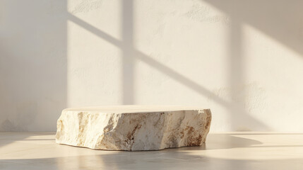 Empty stone podium on beige background in sunlight with shadows for luxury organic cosmetics, skin care, body care, beauty product