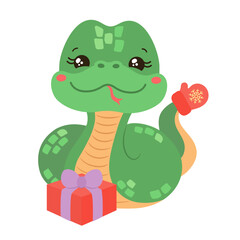 Cartoon snake kawaii character. Chinese lunar new year 2025 zodiac symbol. Cute snake with mitten on tail and Christmas gift box. Whimsical character oriental horoscope green snake isolated icon.