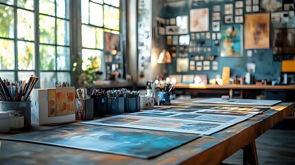 Fototapeta premium A wooden table in an art studio with drawing supplies and artworks on it.