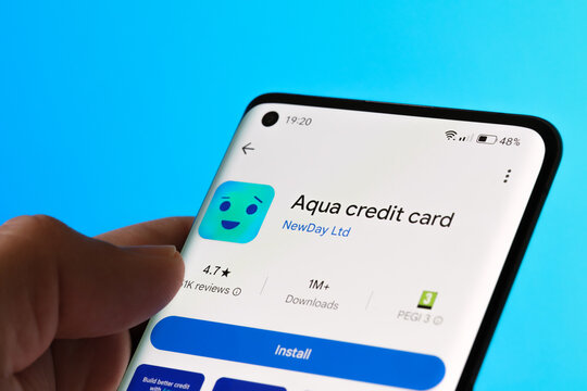 Aqua credit card mobile app displayed on a smartphone screen with the installation option shown. The app from NewDay Ltd.