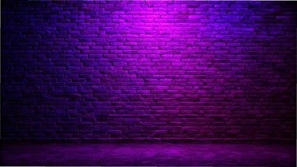 A dark brick wall illuminated by neon purple lights, showcasing a rough concrete floor and a vibrant lighting effect.