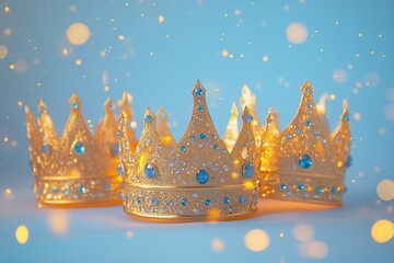 three golden crowns bedazzled with blue gemstones, pastel blue background, magical light emitting, epiphany three kings