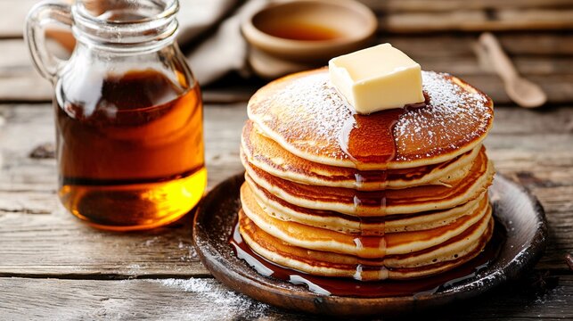 Classic American pancakes stacked high, with maple syrup, butter, and a sprinkle of powdered sugar