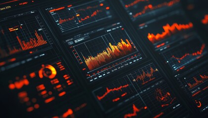 Financial Data Analysis with Charts and Graphs Displayed on Multiple Monitors in Dark Mode.