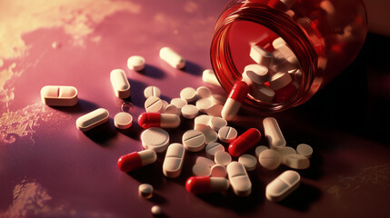 Ominous and toxic-looking prescription pills or illicit drugs in grungy setting