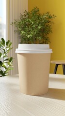 Obraz premium A stylish paper coffee cup rests on a simple table, illuminated by sunlight filtering through a window, with green plants and minimalist decor enhancing the inviting environment.