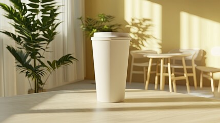 A stylish paper coffee cup rests on a simple table, illuminated by sunlight filtering through a window, with green plants and minimalist decor enhancing the inviting environment