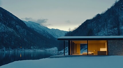 Nestled in the heart of the Swiss mountains, this stunning cabin features a blend of stone and wood, large glass windows, and an open-air terrace for outdoor dining with picturesque views