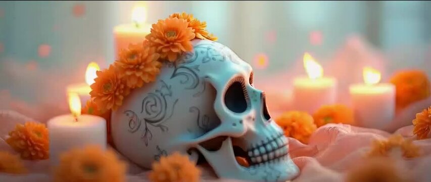 Festive Day of the Dead with a detailed skull and candlelight. HD Video Background