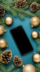 This flat lay arrangement showcases festive green and gold Christmas decorations, including ornaments and pine branches, all set against a dark teal backdrop with twinkling lights