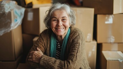 A cheerful elderly woman with gray hair sitting near cardboard boxes, smiling warmly at the camera.