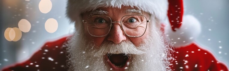 Cheerful Santa Claus celebrates Christmas with joy at a cozy indoor location, surrounded by festive decorations and falling snow. Wide web banner.