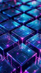 Abstract digital background with dark blue and purple glowing blocks,...
