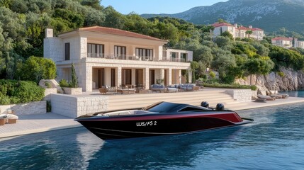 Fototapeta premium A striking red and black speed boat rests beside a luxurious villa on US/FS-2 island, showcasing modern design against stunning Mediterranean architecture and lush greenery.