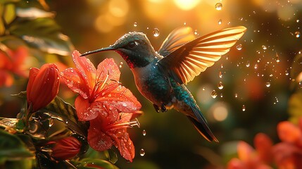 Fototapeta premium A hummingbird hovers near a flower with water droplets on its wings, hovering above the flowers