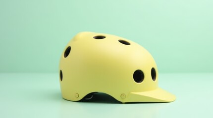 Fototapeta premium A stylish light yellow helmet displayed against a mint green background, showcasing its design and color in a simple yet appealing setup