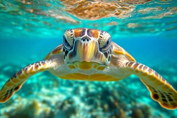 Obraz premium A turtle glides gracefully underwater in clear tropical waters its vibrant shell catching the light