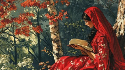 Fototapeta premium A Serene Reading Moment in Nature: A Woman in a Red Dress Surrounded by Autumn Leaves