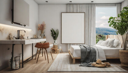 Modern bedroom design featuring a serene view, minimalist decor, and natural light in a stylish living space