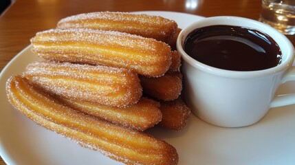 Golden, crispy churros dusted with cinnamon sugar and served with a cup of rich chocolate dipping sauce