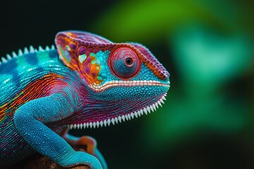 Obraz premium A colorful chameleon in close up, displaying vibrant blue, red, and green scales with detailed textures