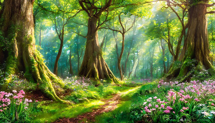 Naklejka premium Lush forest path illuminated by sunlight, surrounded by vibrant flowers and towering trees in a serene woodland setting