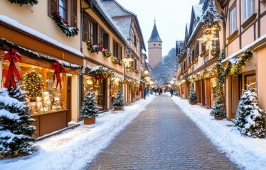 Obraz premium Experience the magic of Colmar as snow blankets the cobblestone streets, adorned with festive decorations and holiday cheer, inviting strollers to enjoy the season.